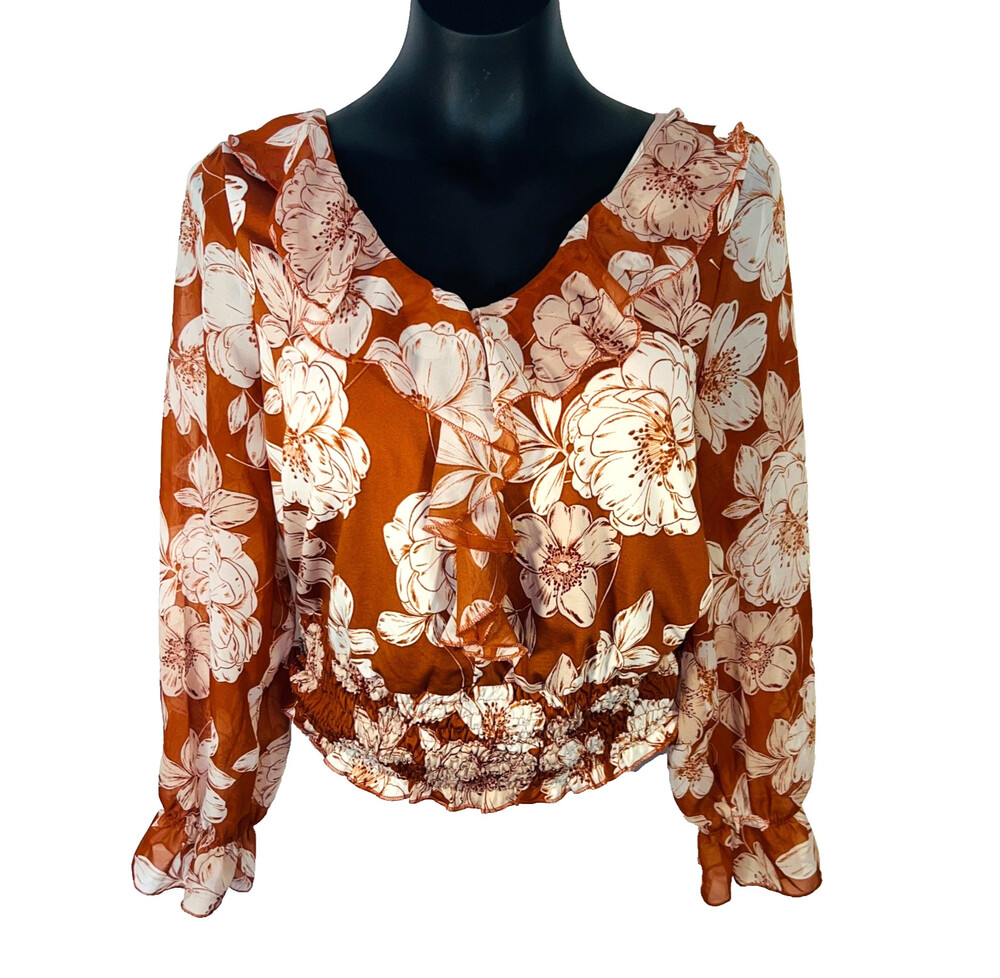 Perseption Concept - Peasant Blouse Women's L Smocked Waist Long Slve Big Floral